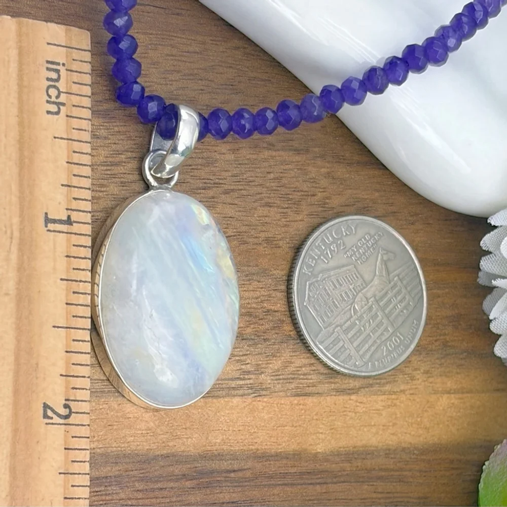 Rainbow Moonstone Pendant Necklace Pure Sterling Silver 925 Boho Southwest